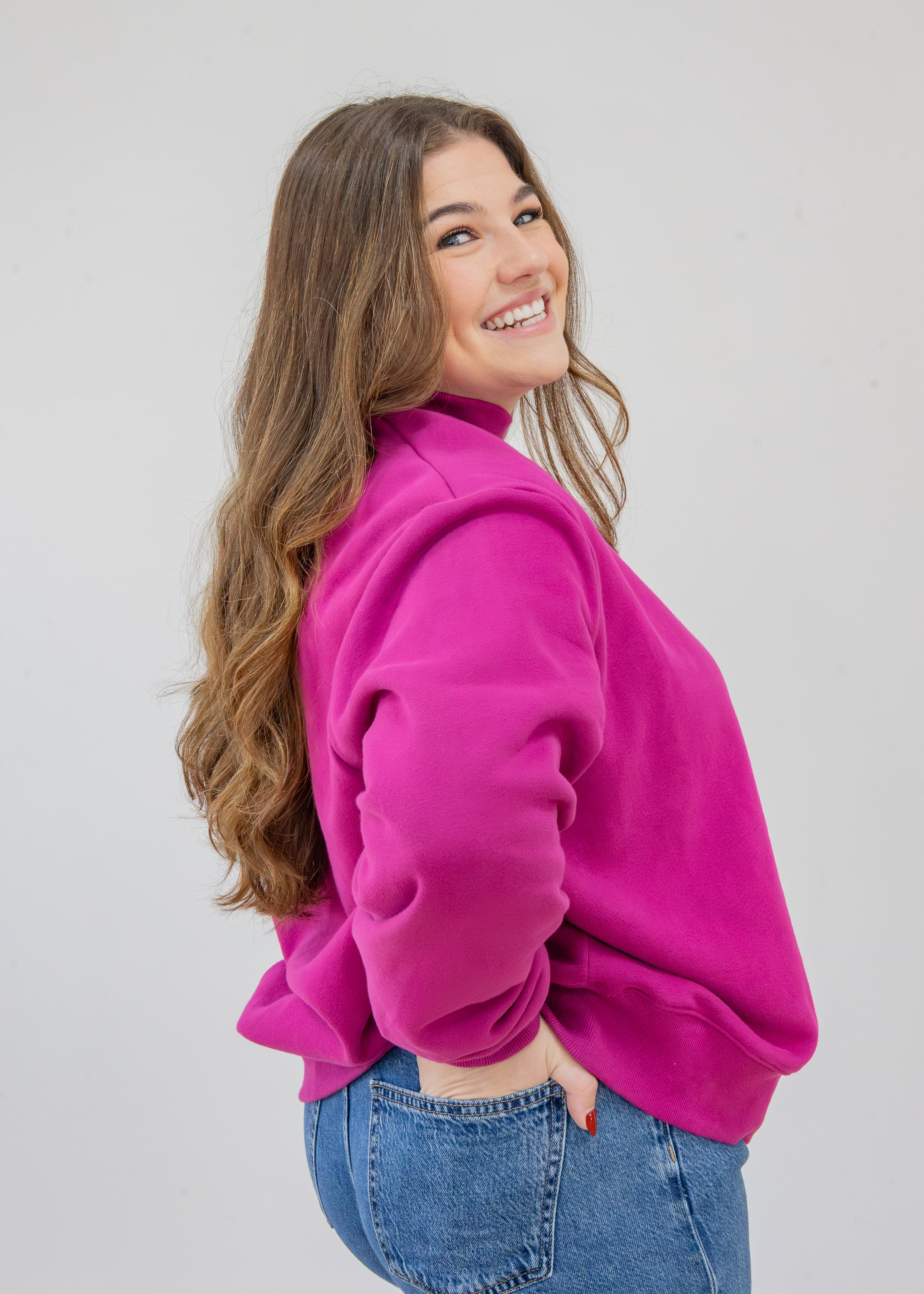model in berry mock neck l/xl