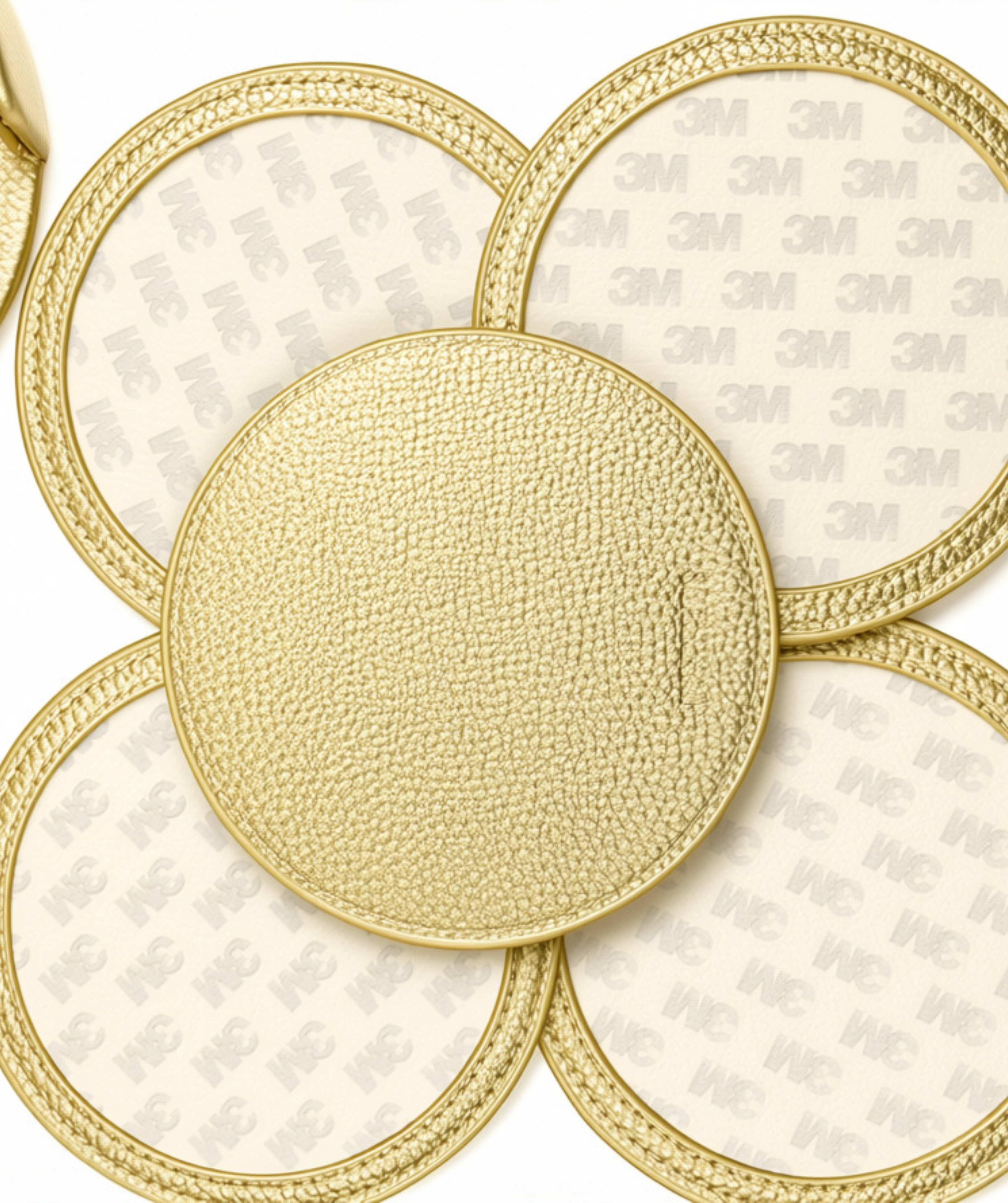 Metallic gold self-finishing needlepoint coaster set featuring four round coasters with gold trim and customizable circular needlepoint inserts.