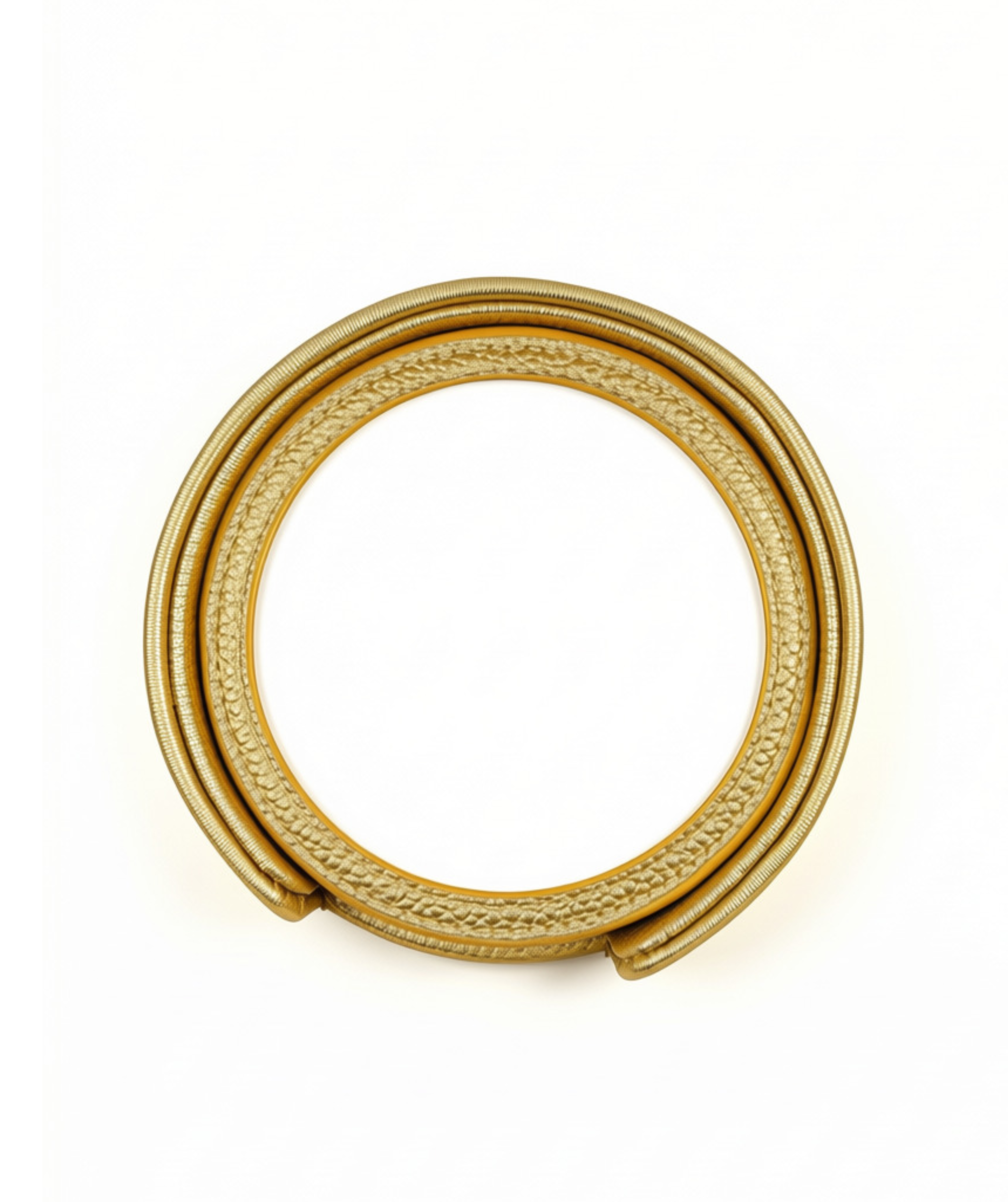 Stacked metallic gold self-finishing needlepoint coasters showing the round frames designed to hold personalized needlepoint canvases.