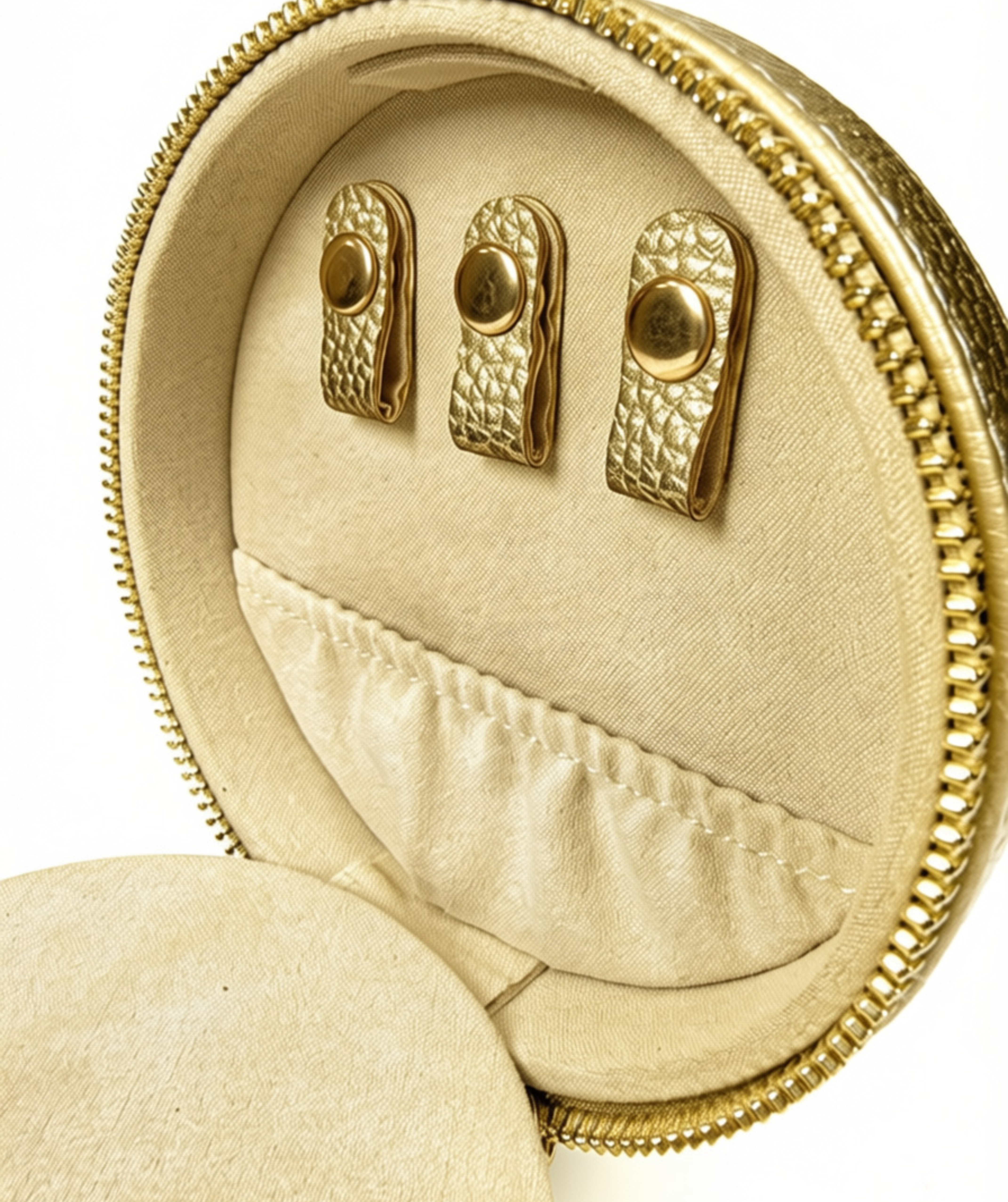 Close-up of gold needlepoint travel jewelry case featuring three earring holders, interior storage pocket, and soft cream lining.