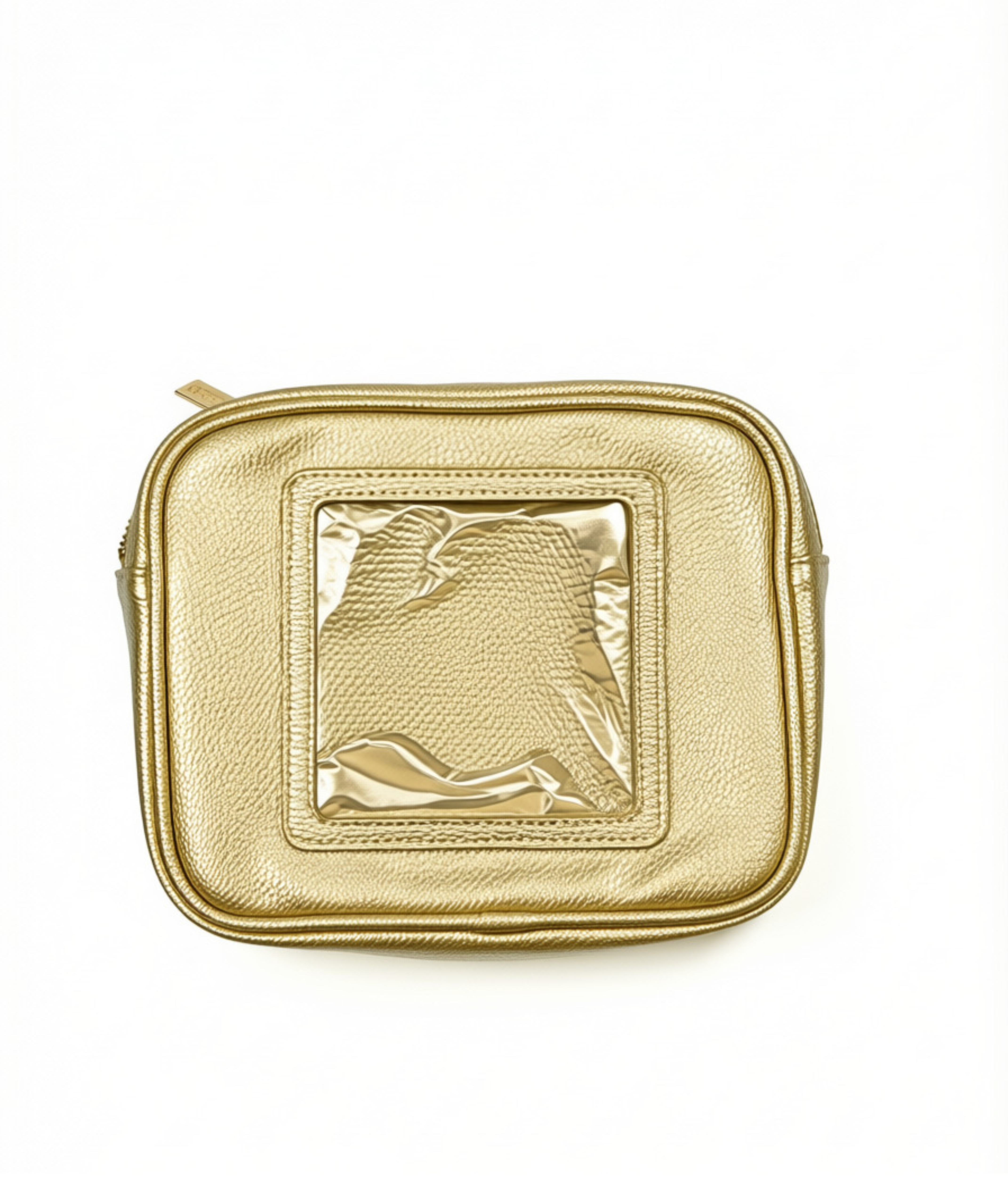 Stitch & Stow self-finishing needlepoint pouch in metallic gold featuring a textured exterior, zippered closure, and square needlepoint canvas window.