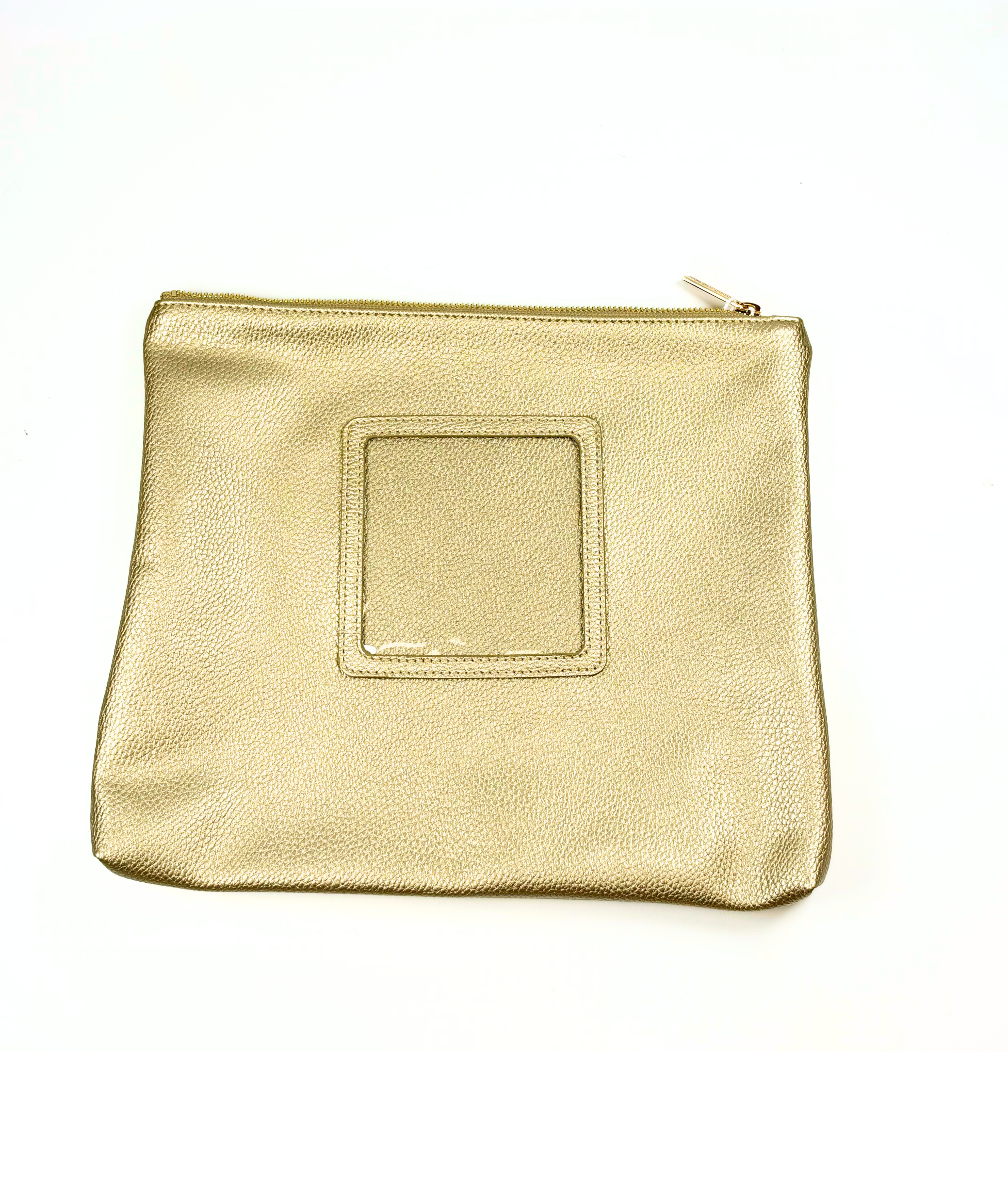 Gold metallic self-finishing needlepoint travel case featuring a textured exterior, zippered closure, and square needlepoint insert window.