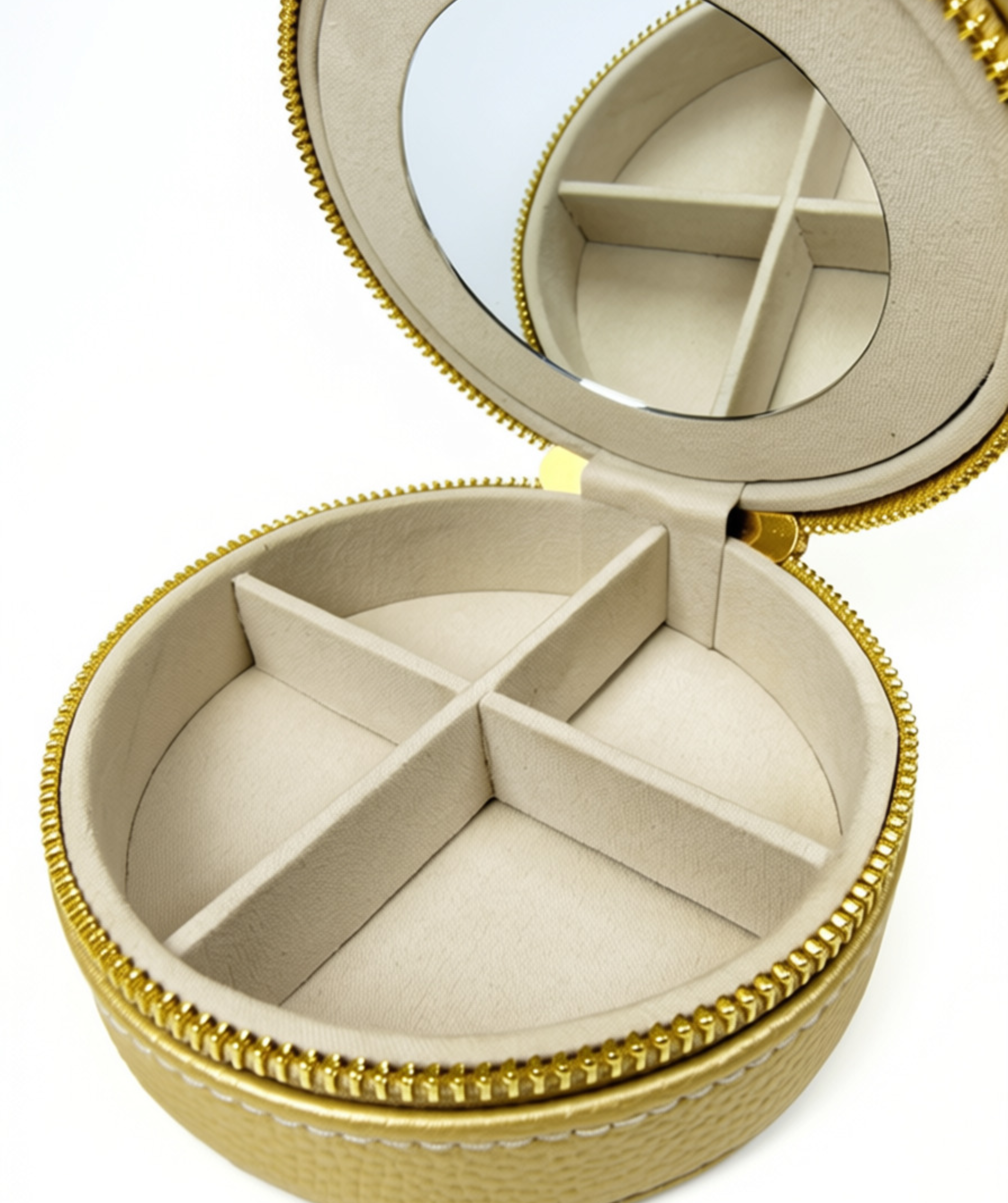 Open gold needlepoint travel jewelry case featuring a built-in mirror, divided jewelry compartments, and soft cream interior lining.
