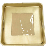 Gold metallic self-finishing needlepoint valet tray with a square customizable needlepoint window, raised sides, and textured finish.