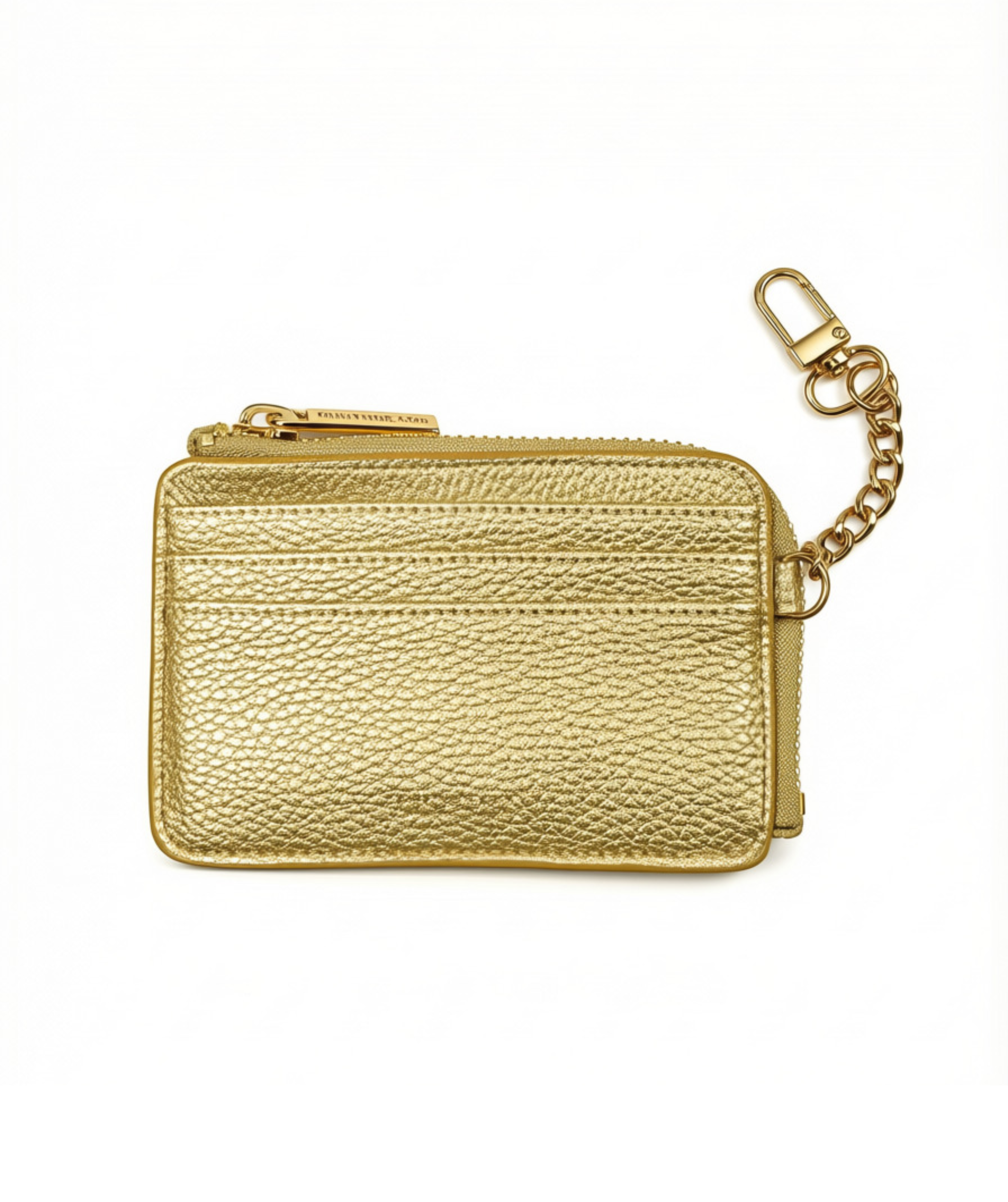 Back view of gold On-the-Go needlepoint wallet featuring exterior card slots, textured metallic finish, and coordinating gold clip-on chain.