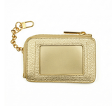 Gold metallic self-finishing needlepoint wallet featuring a rectangular needlepoint insert window, zippered closure, and silver clip-on chain.