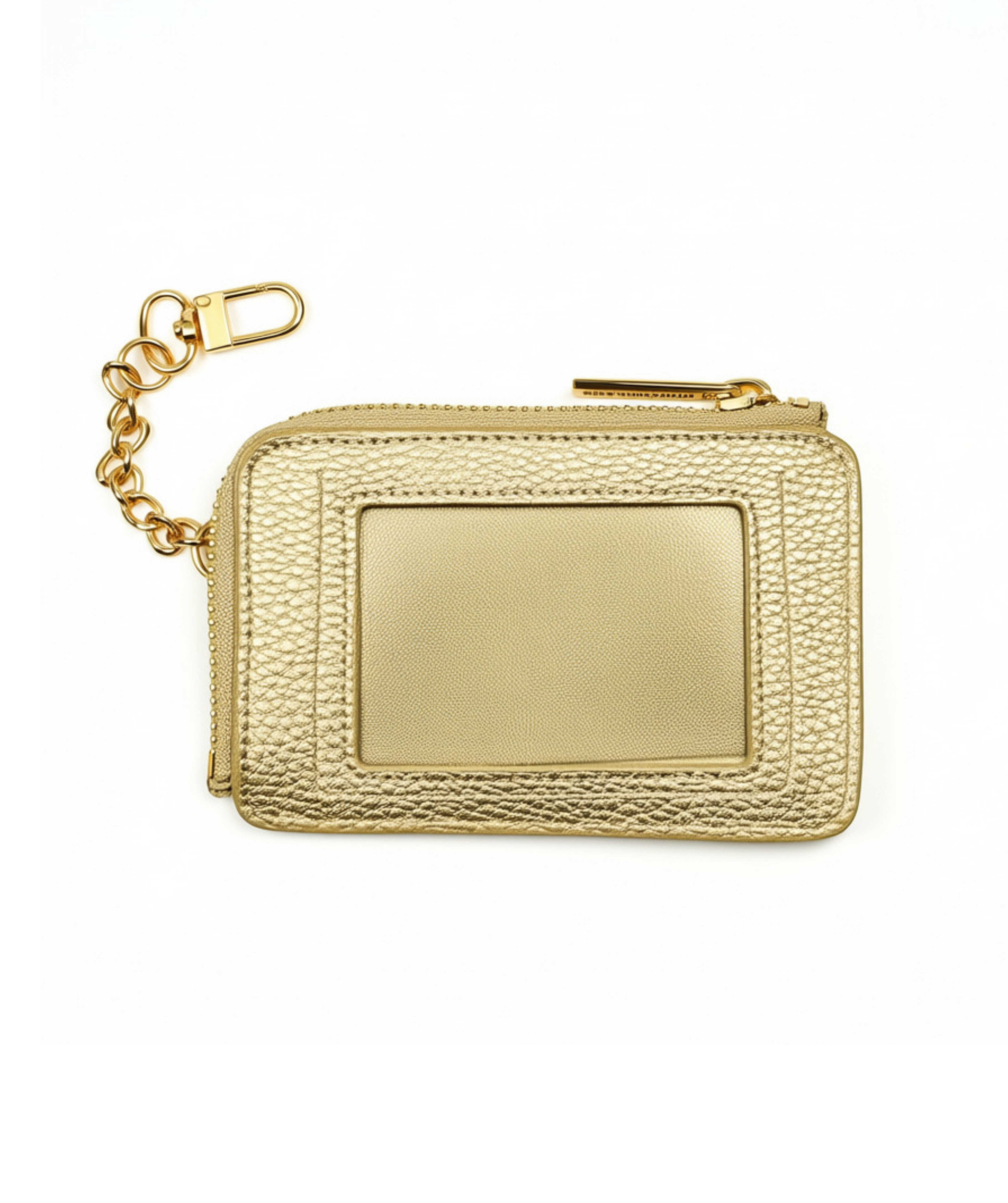 Gold metallic self-finishing needlepoint wallet featuring a rectangular needlepoint insert window, zippered closure, and silver clip-on chain.