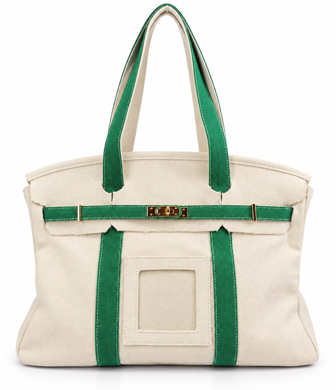 Parker self-finishing needlepoint canvas boat tote in green with cream canvas exterior, gold hardware, and front needlepoint insert.