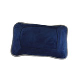 Navy blue and gray two-tone velvet self-finishing needlepoint pillow with a rectangular needlepoint window and coordinating piped edges.
