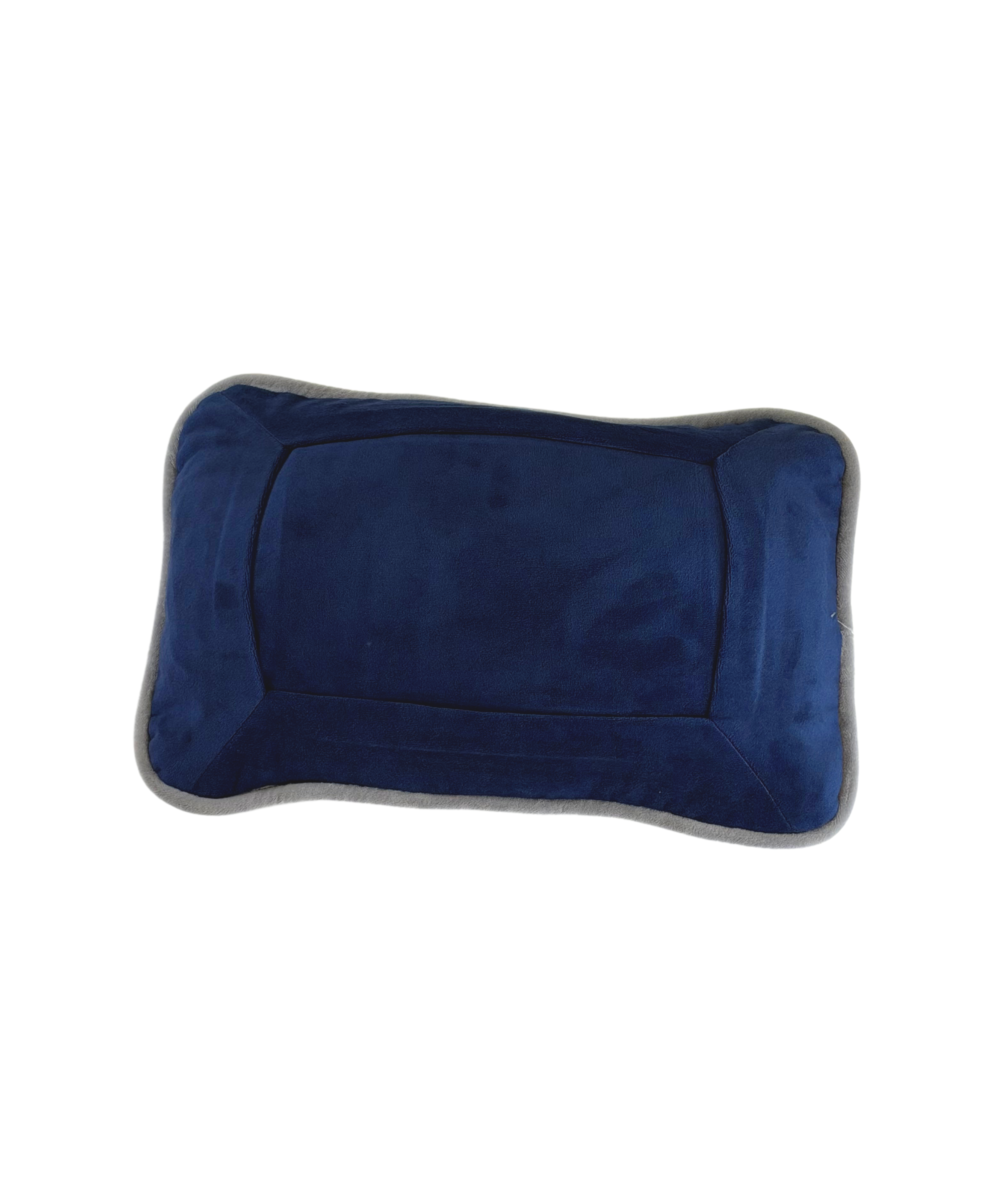 Navy blue and gray two-tone velvet self-finishing needlepoint pillow with a rectangular needlepoint window and coordinating piped edges.