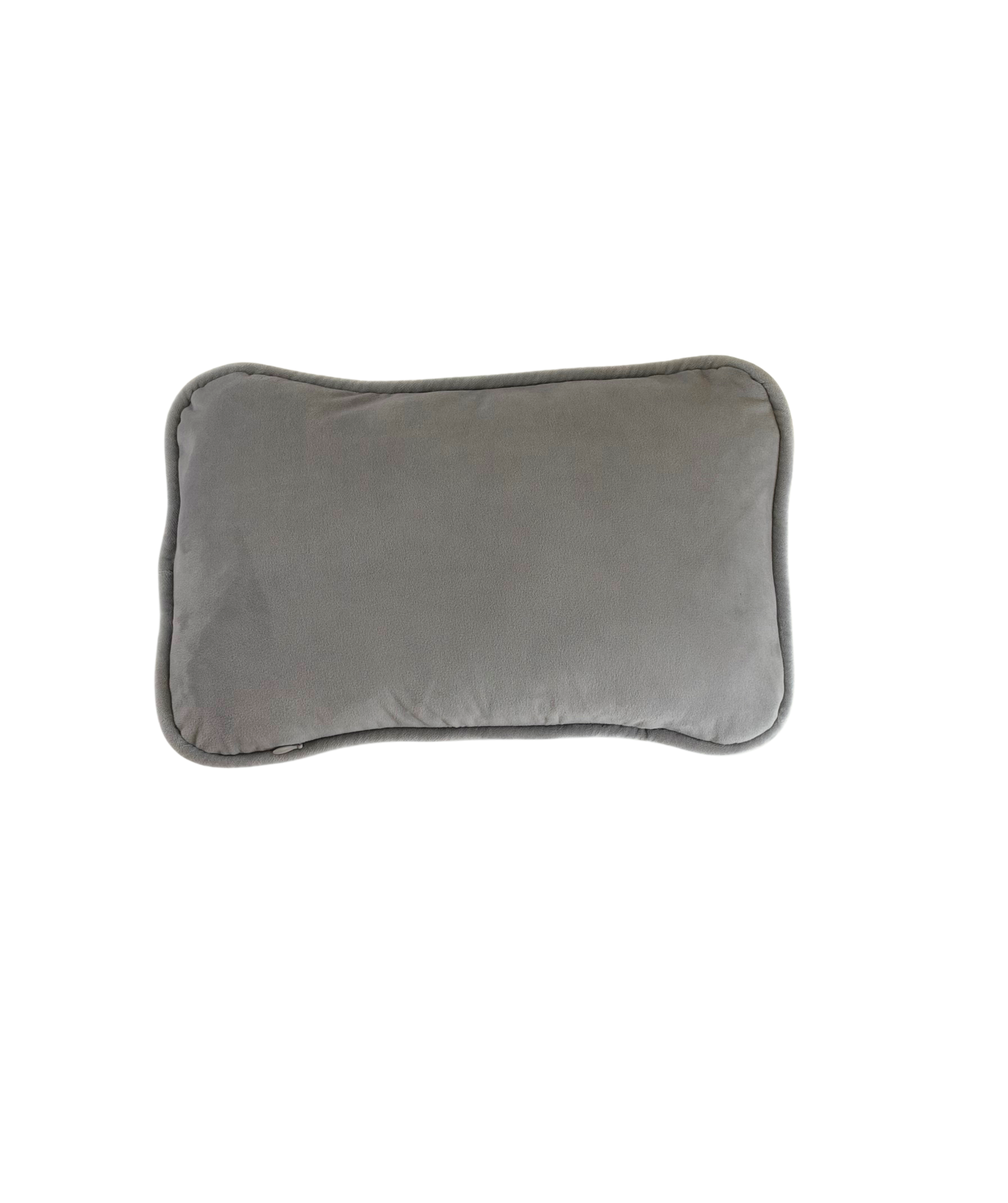 Reverse side of the navy and gray two-tone velvet needlepoint pillow featuring soft gray velvet fabric and coordinating piped edges.