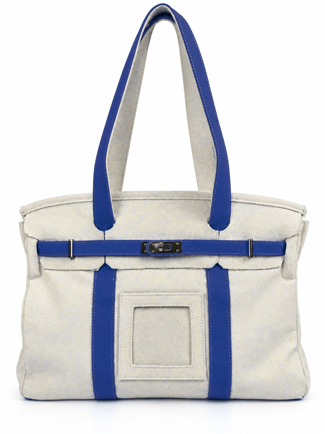 Parker self-finishing needlepoint canvas boat tote in navy blue with cream canvas, gold hardware, and front needlepoint insert.