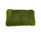 Olive green and lime green two-tone velvet self-finishing needlepoint pillow with a rectangular needlepoint insert and contrasting trim.