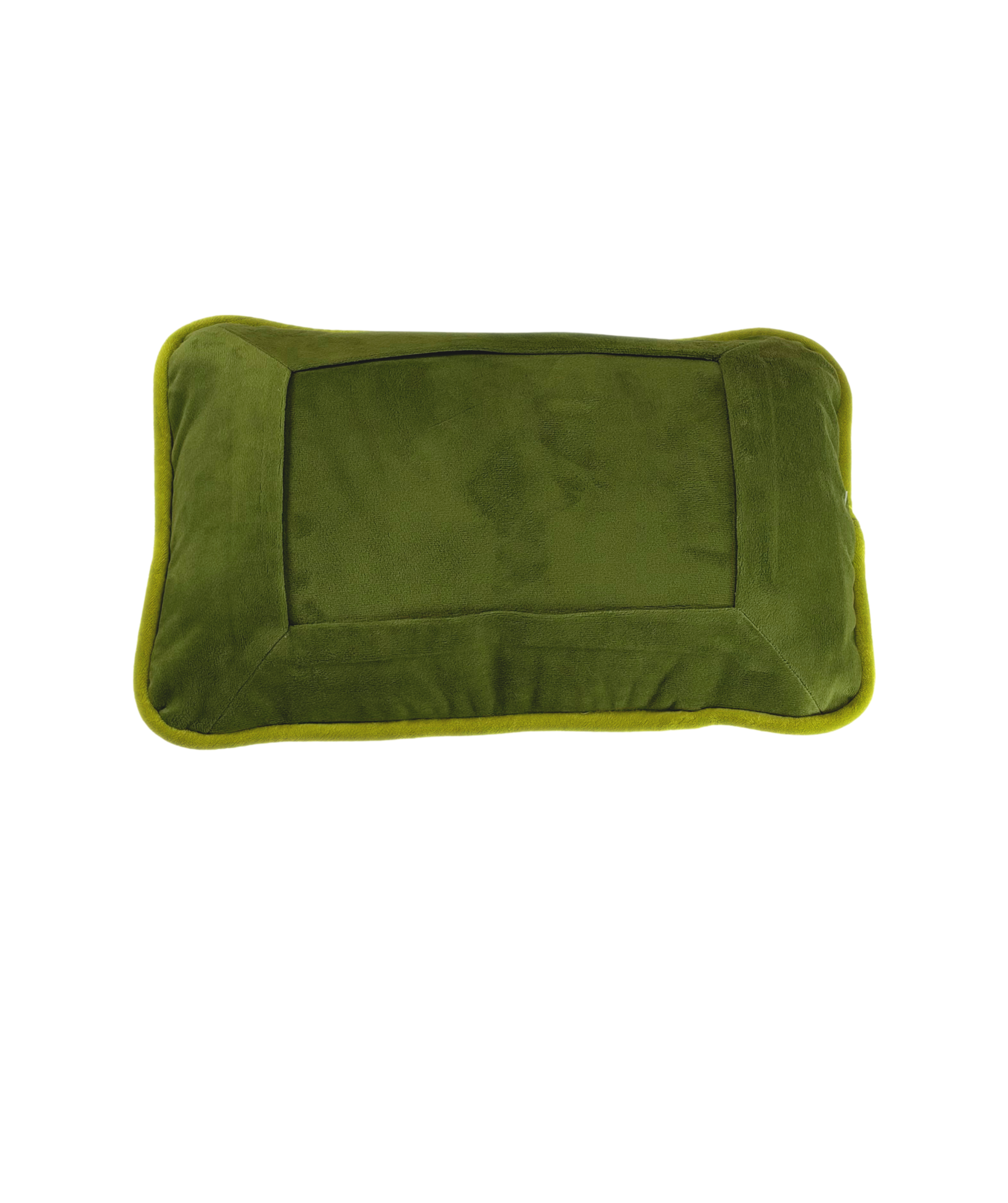 Olive green and lime green two-tone velvet self-finishing needlepoint pillow with a rectangular needlepoint insert and contrasting trim.