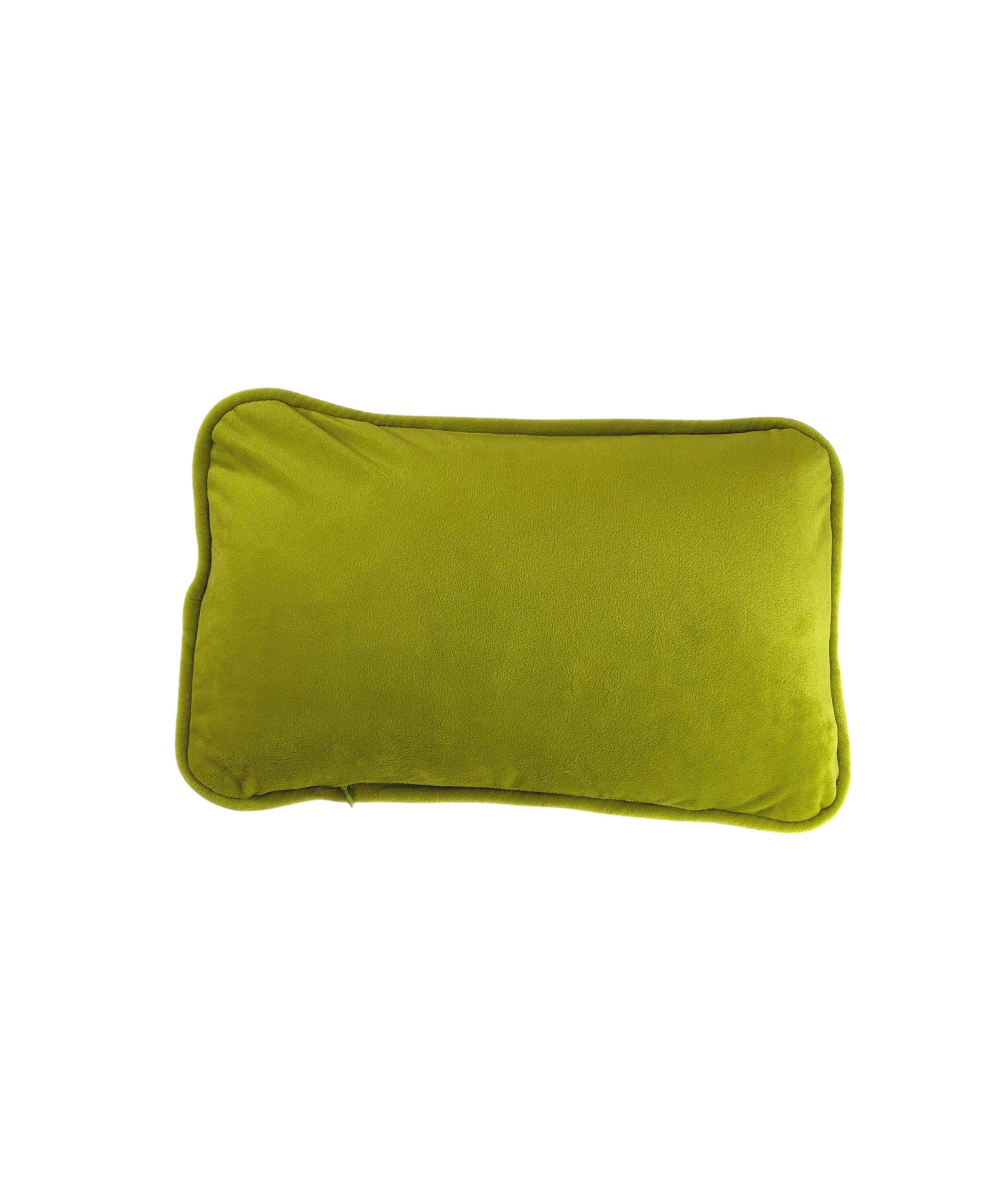 Reverse side of the olive and lime green two-tone velvet needlepoint pillow featuring bright lime green fabric and coordinating piping.