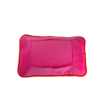 Pink and orange two-tone velvet self-finishing needlepoint pillow with a rectangular needlepoint window and contrasting orange trim.