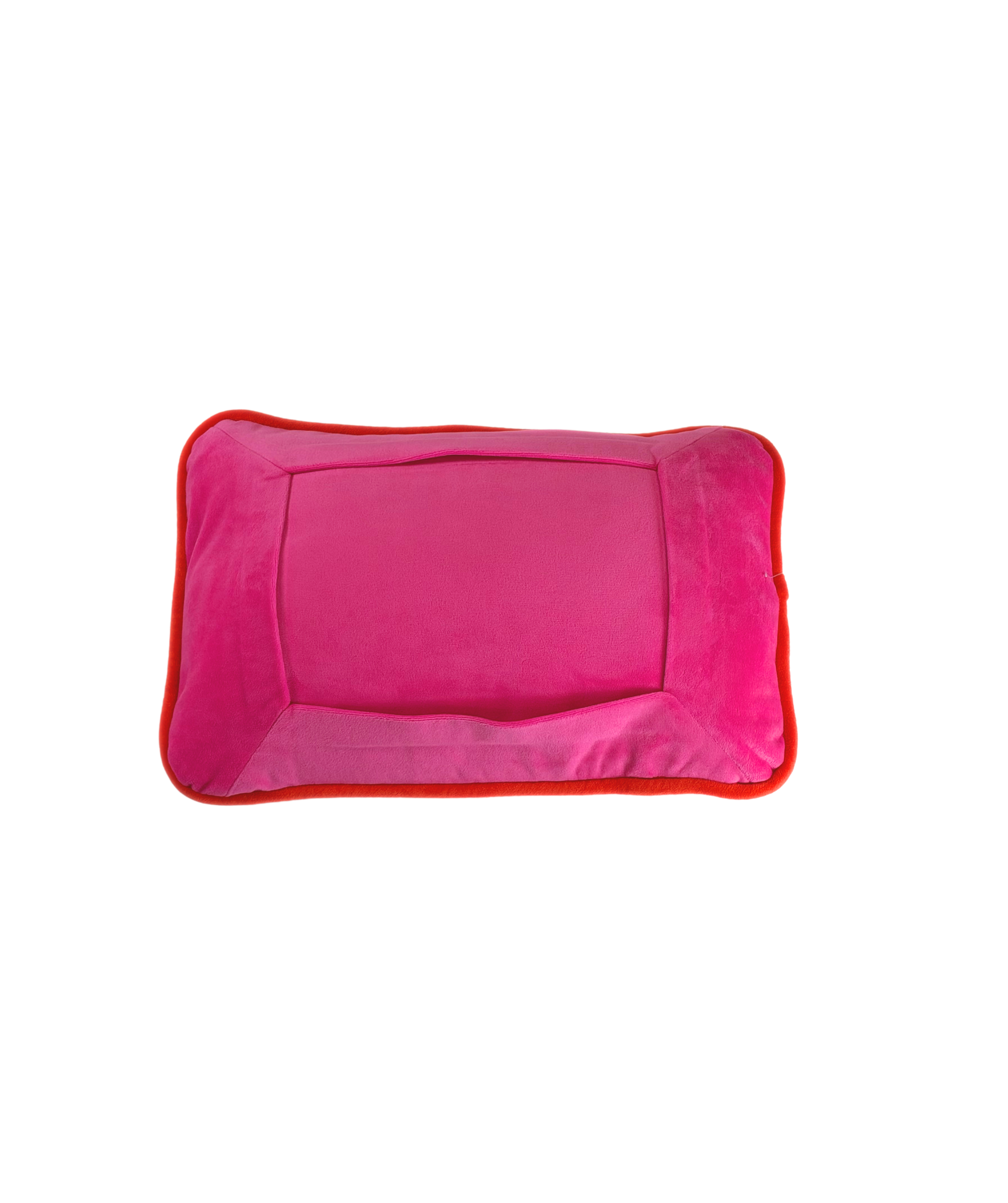 Pink and orange two-tone velvet self-finishing needlepoint pillow with a rectangular needlepoint window and contrasting orange trim.