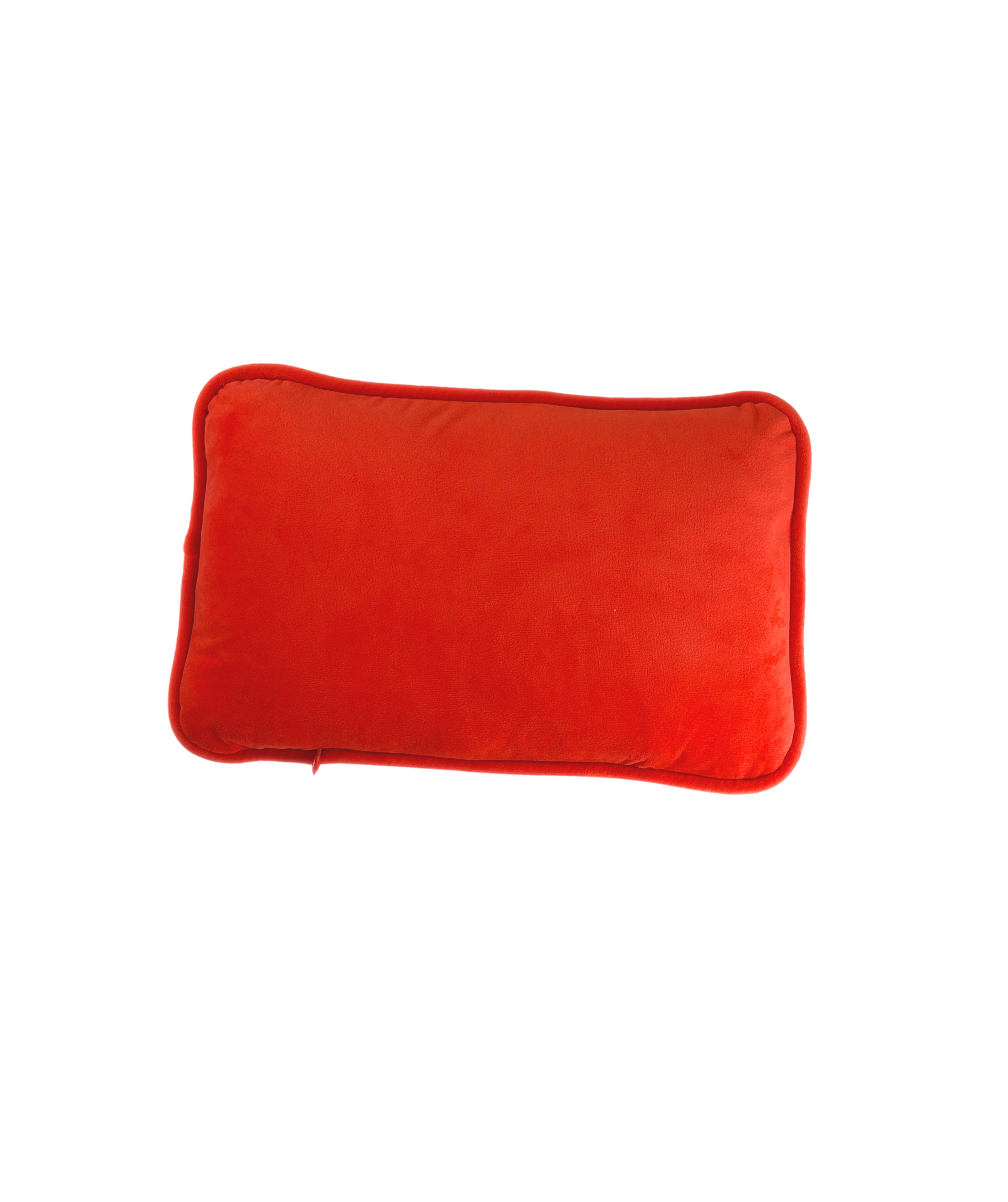 Reverse side of the two-tone velvet needlepoint pillow featuring bright orange velvet fabric and coordinating piped edges.