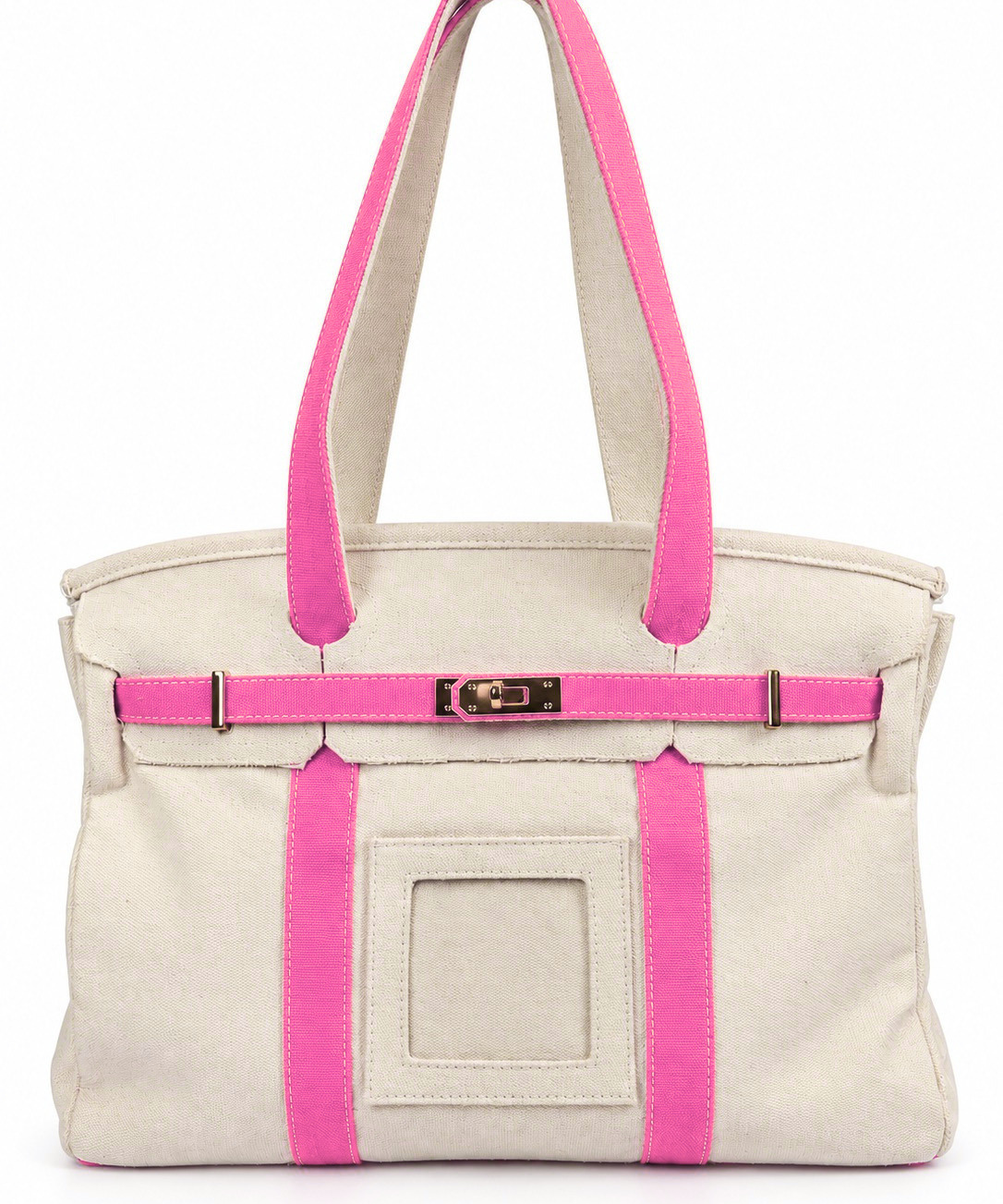 Parker self-finishing needlepoint canvas boat tote bag with bright pink handles, matching trim, gold hardware, and front needlepoint insert.