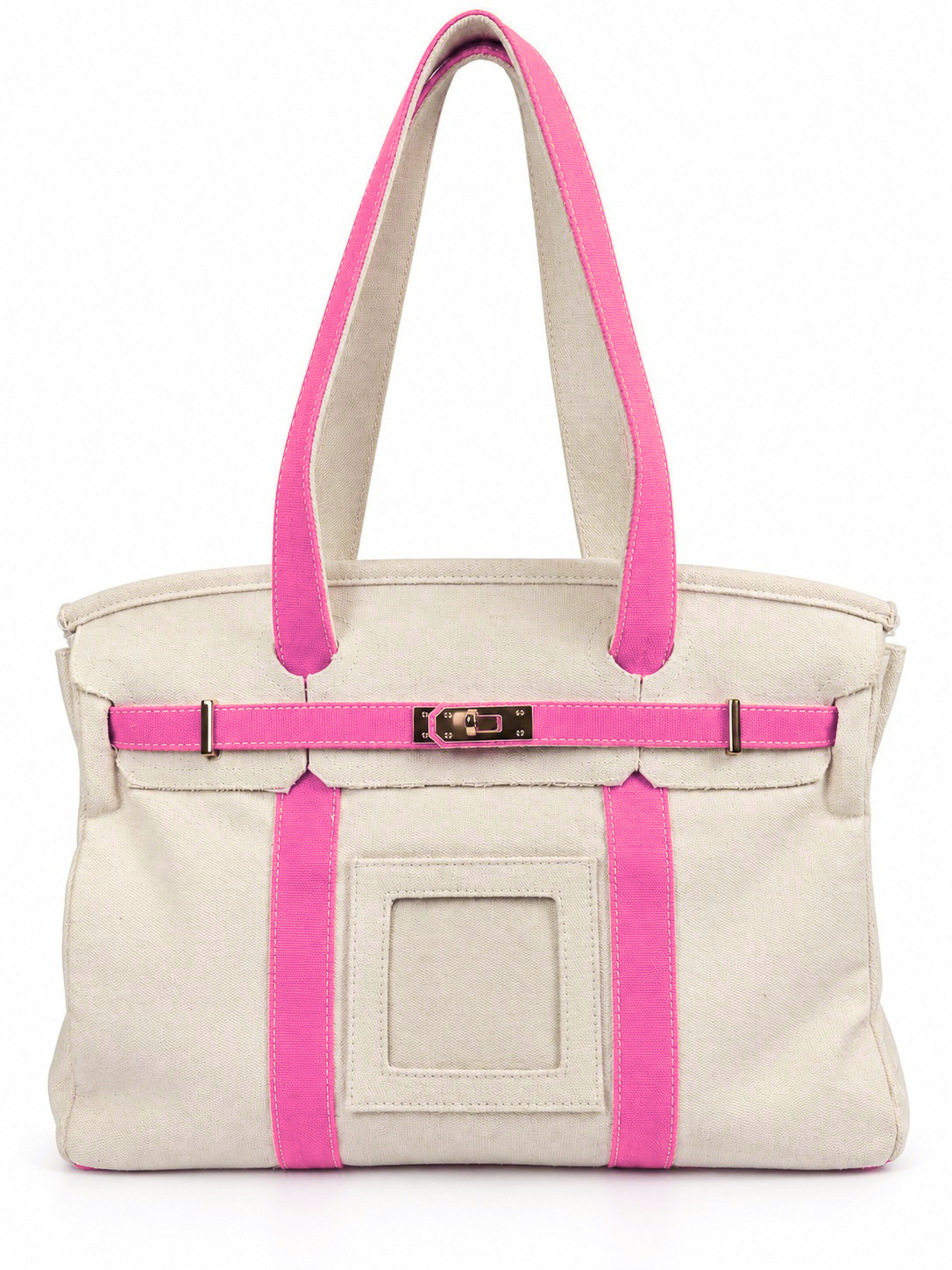 Parker self-finishing needlepoint canvas boat tote bag with bright pink handles, matching trim, gold hardware, and front needlepoint insert.