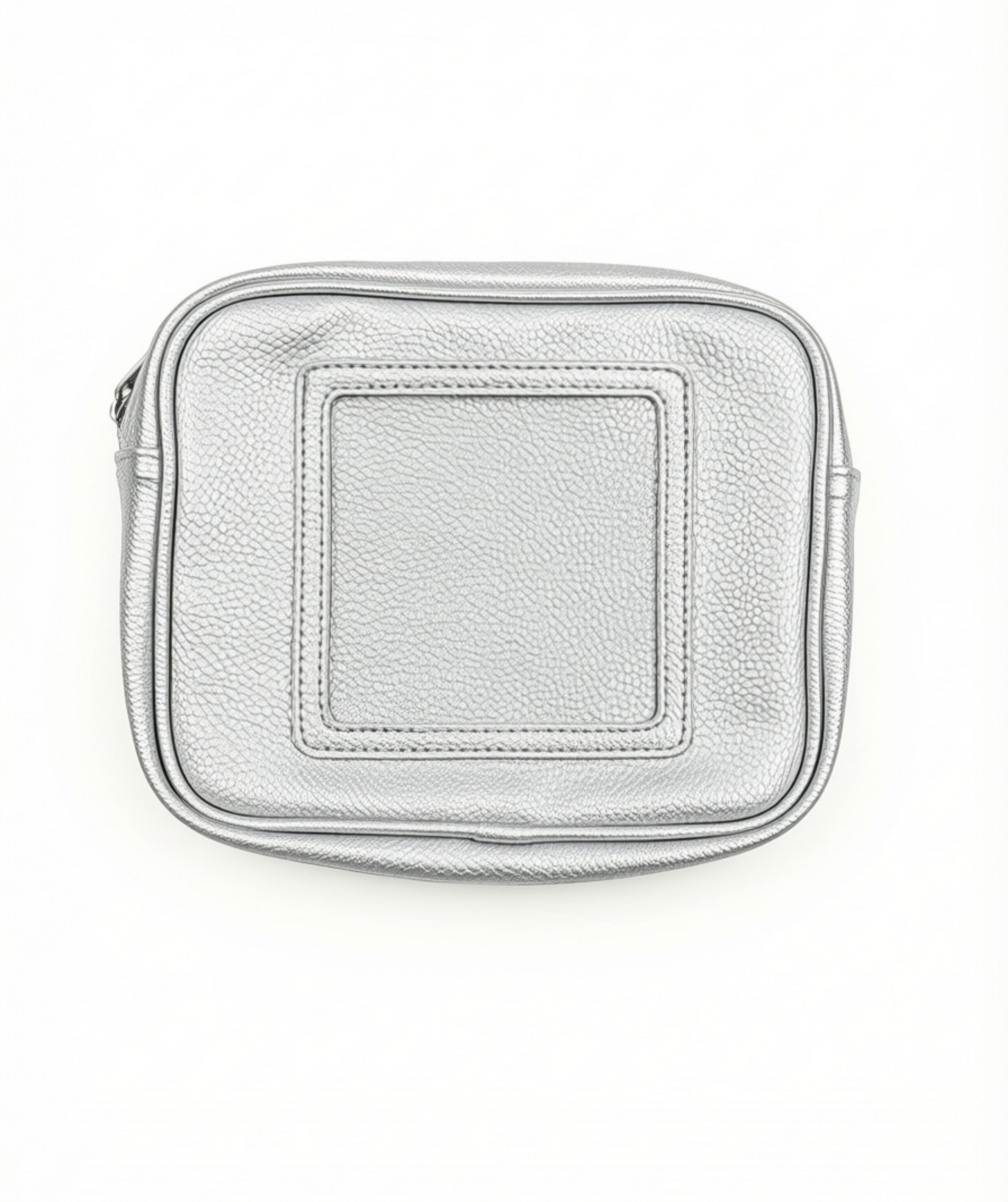 Stitch & Stow self-finishing needlepoint pouch in metallic silver with a textured exterior, zippered closure, and square 4-inch needlepoint insert.