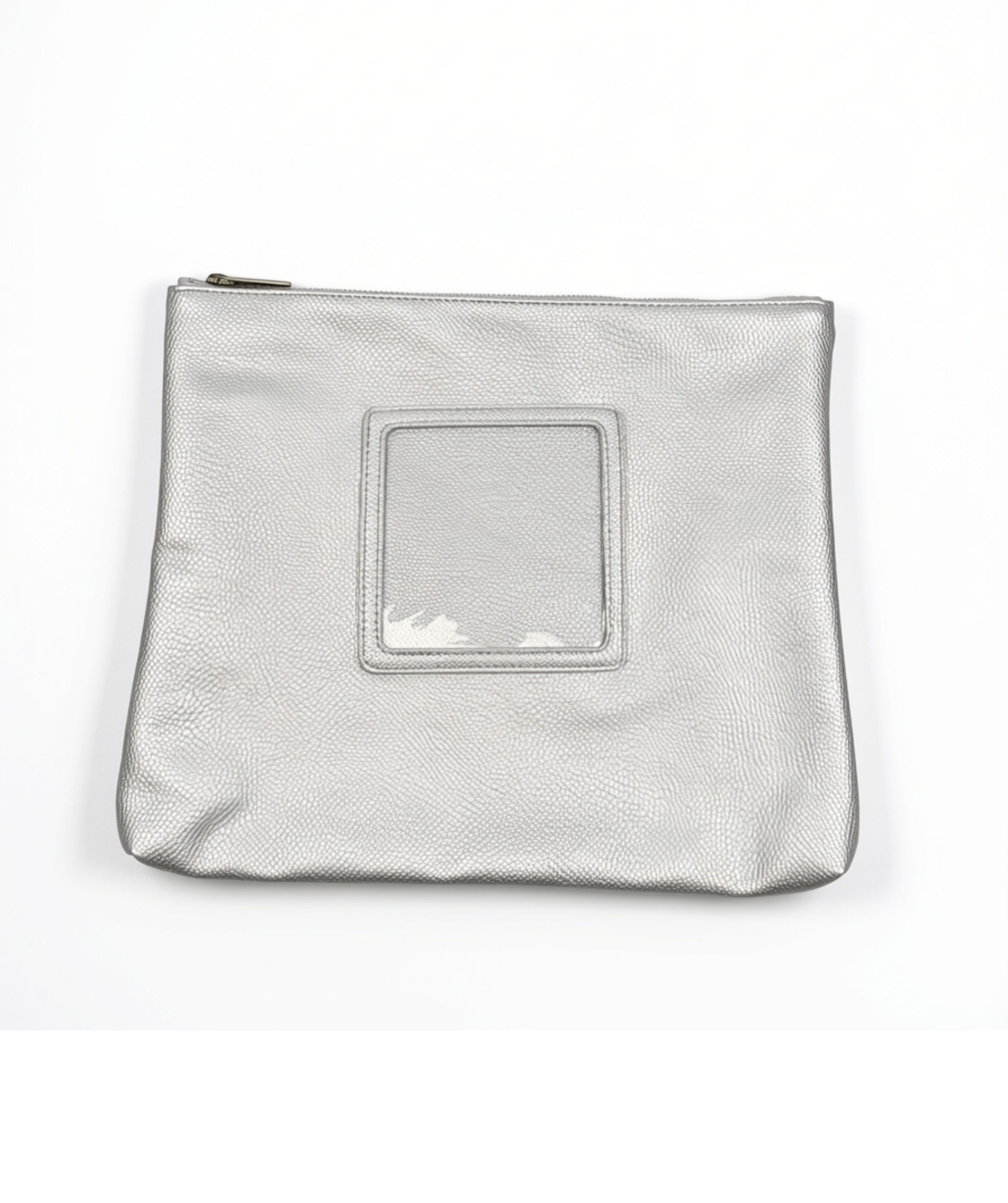 Silver metallic self-finishing needlepoint travel case with a zippered closure and square front window designed for needlepoint personalization.
