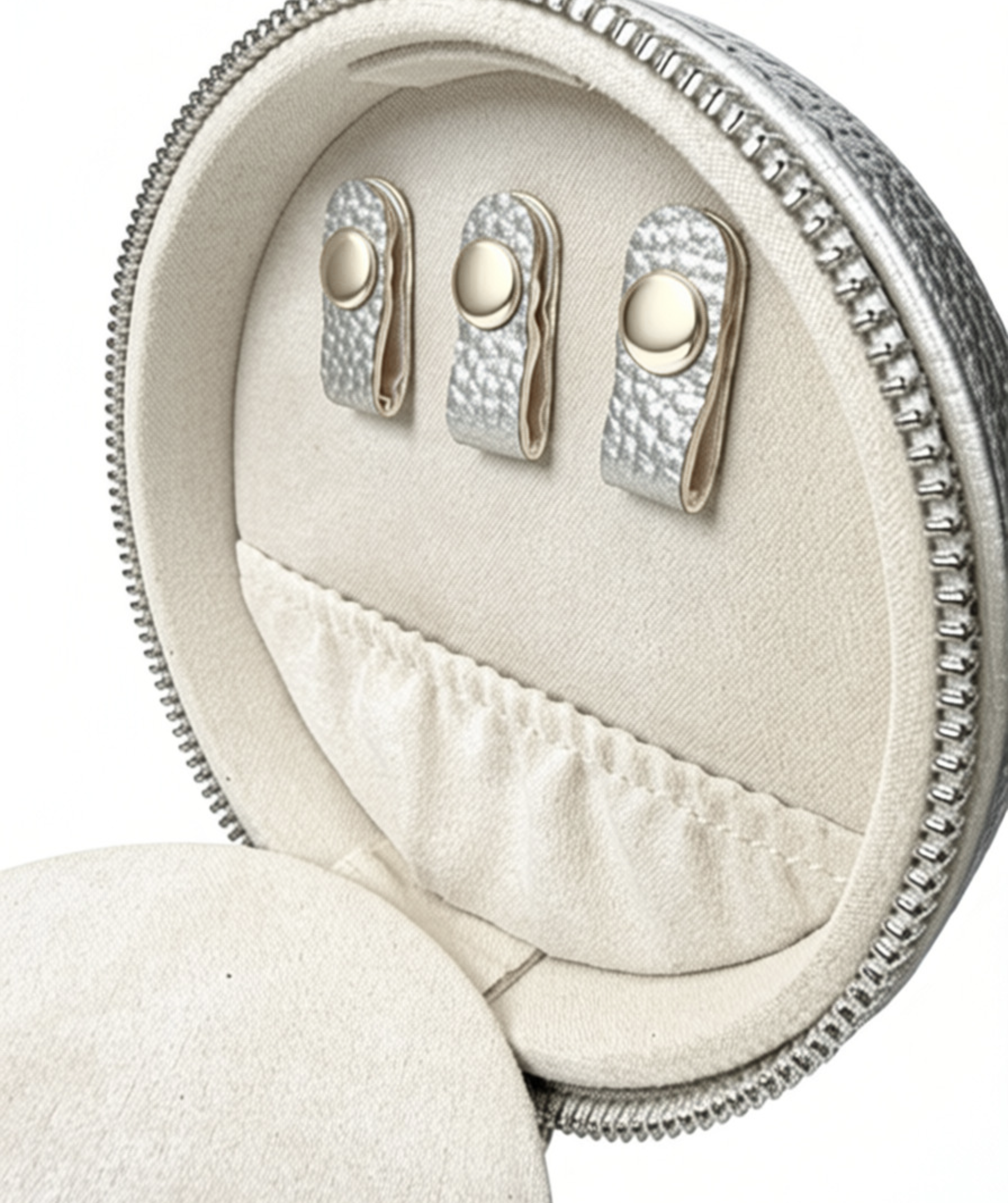 Inside view of silver self-finishing needlepoint travel jewelry case featuring earring holders, soft fabric lining, and an interior storage pocket.