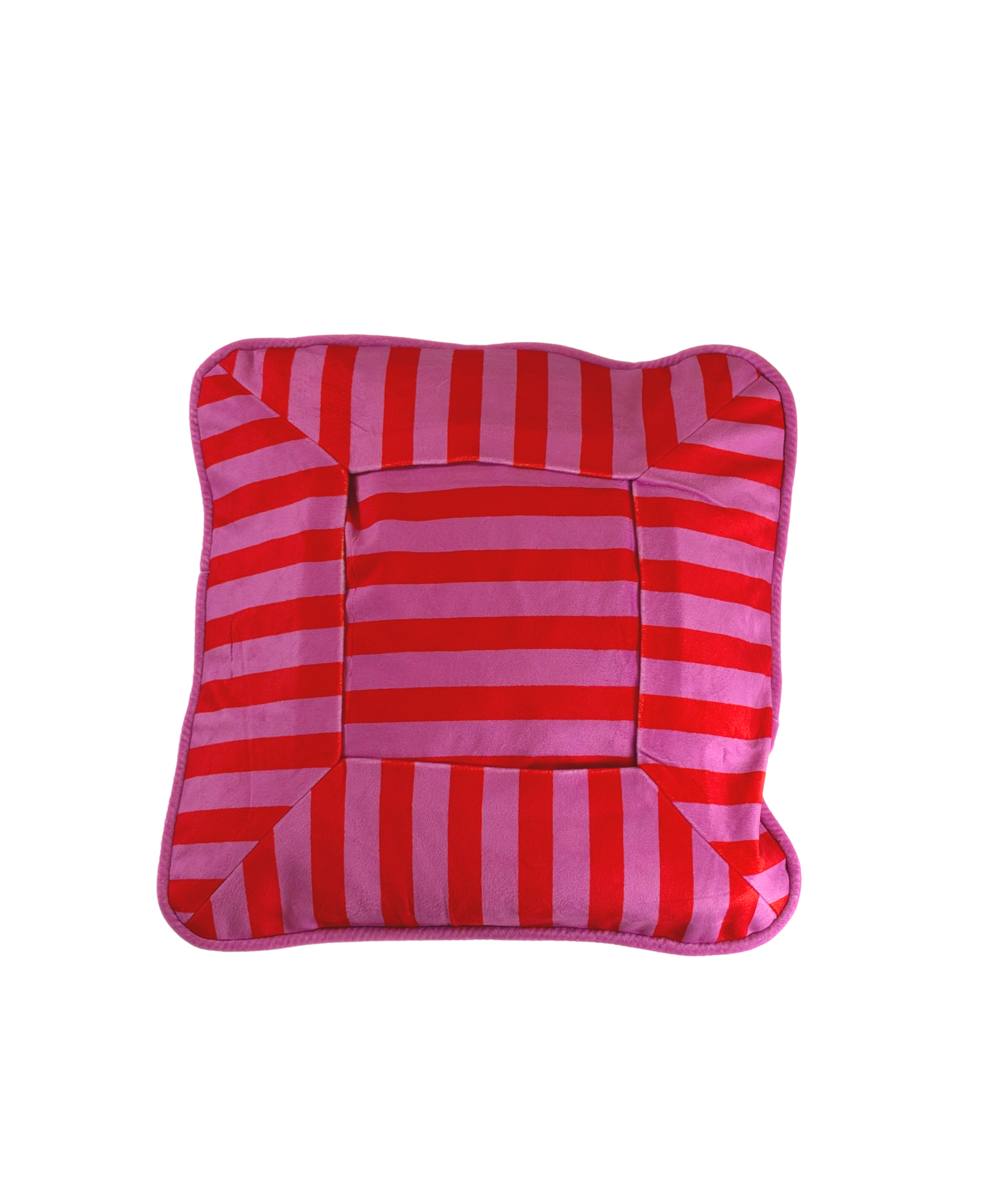 Tittle Stripe Velar Decorative Pillow featuring bold red and pink stripes, a geometric stripe pattern, and coordinating piped edges.