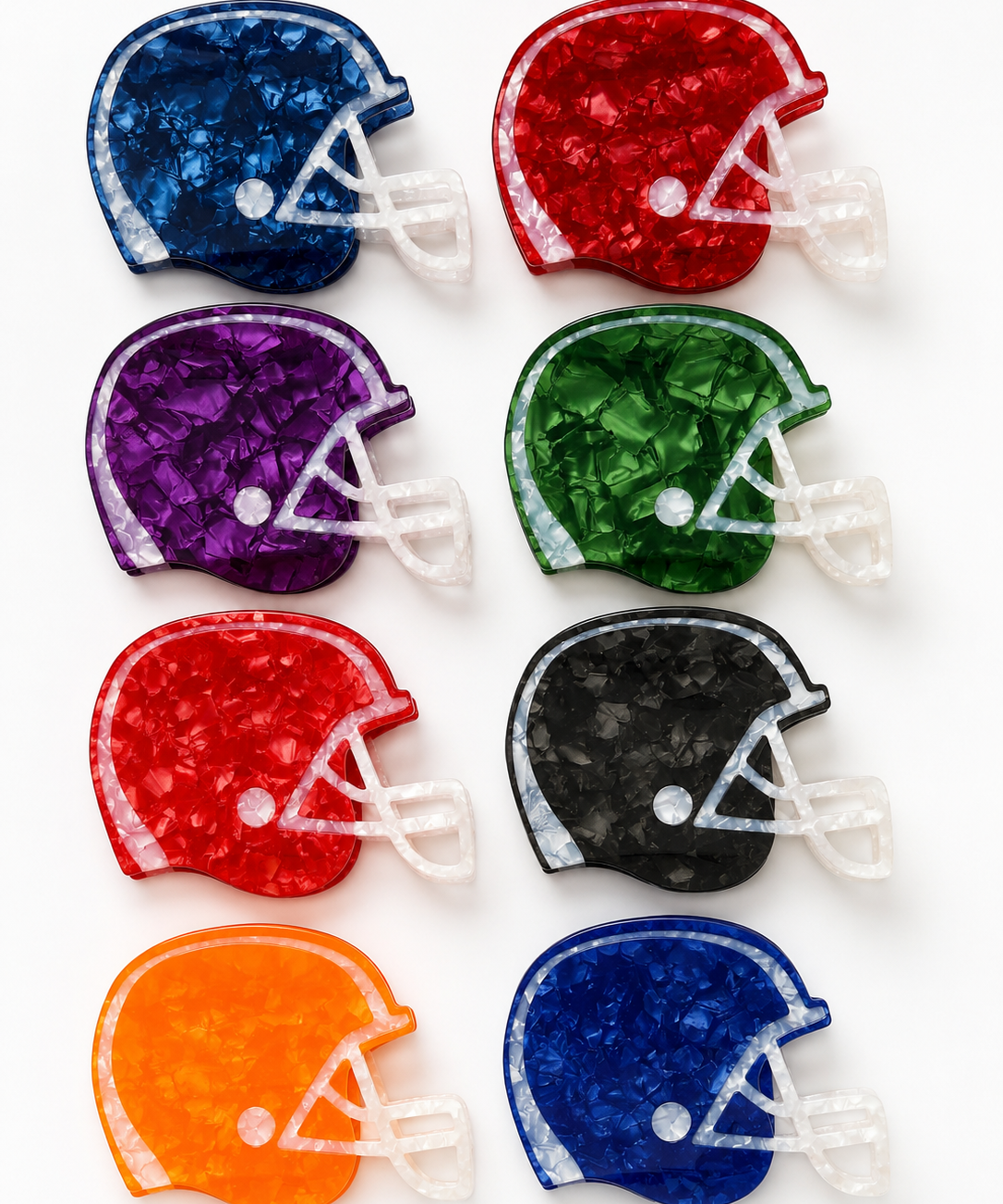 Assorted color football helmet claw clips arranged as a grid on a white background. 