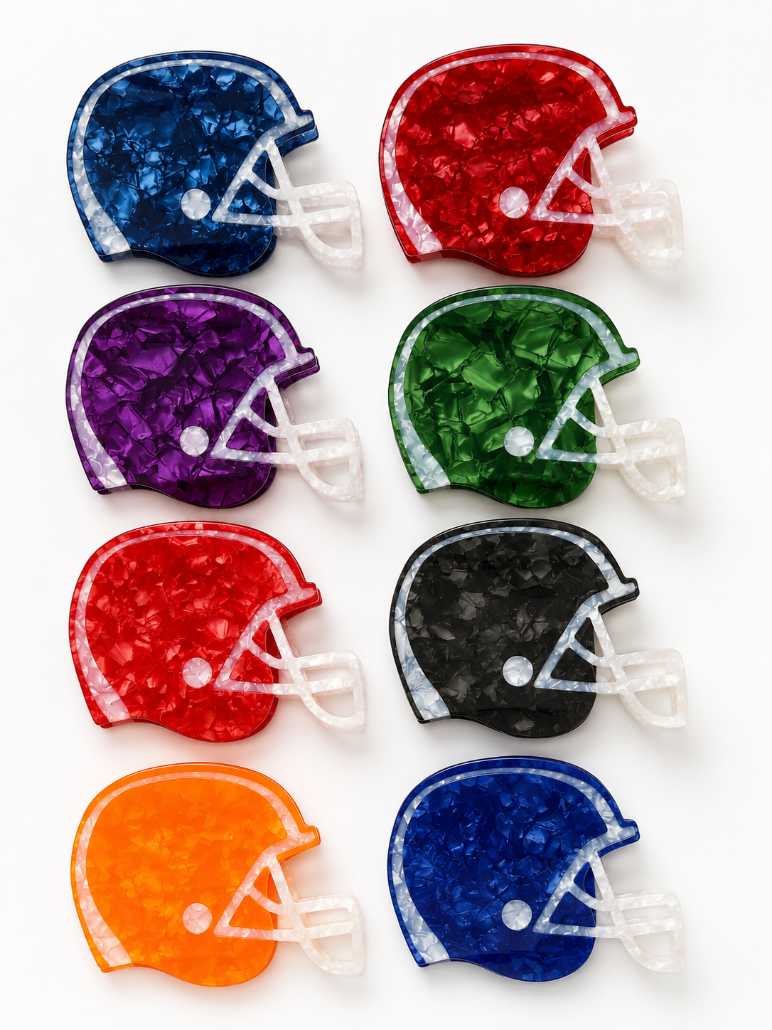 Assorted color football helmet claw clips arranged as a grid on a white background. 