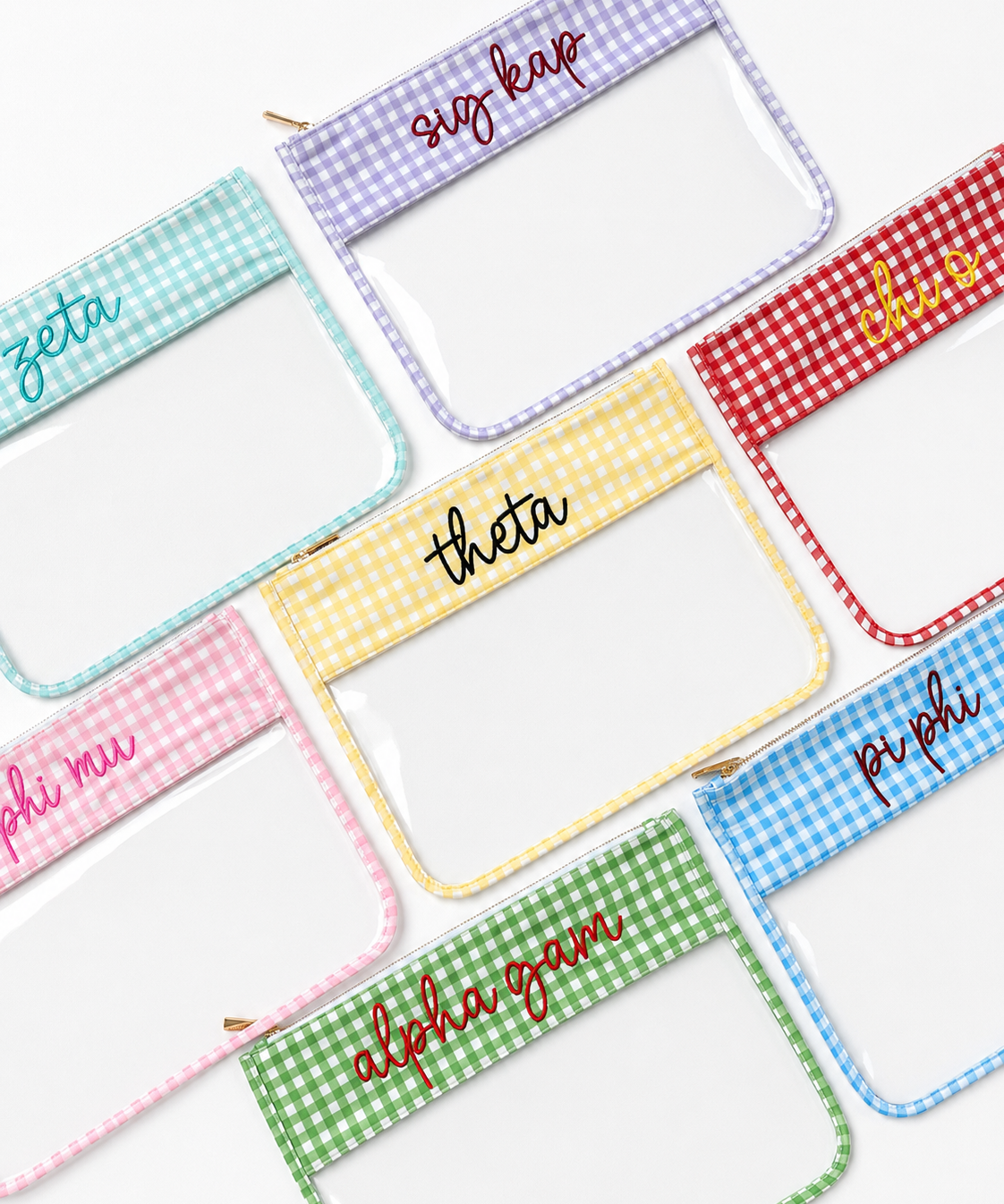 Assorted sorority gingham clear project bags for needlepoint, crafts and organization