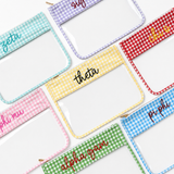 Assorted sorority gingham clear project bags for needlepoint, crafts and organization