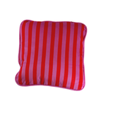 Back view of the Tittle Stripe Velar Decorative Pillow featuring vertical red and pink stripes with coordinating pink piping.