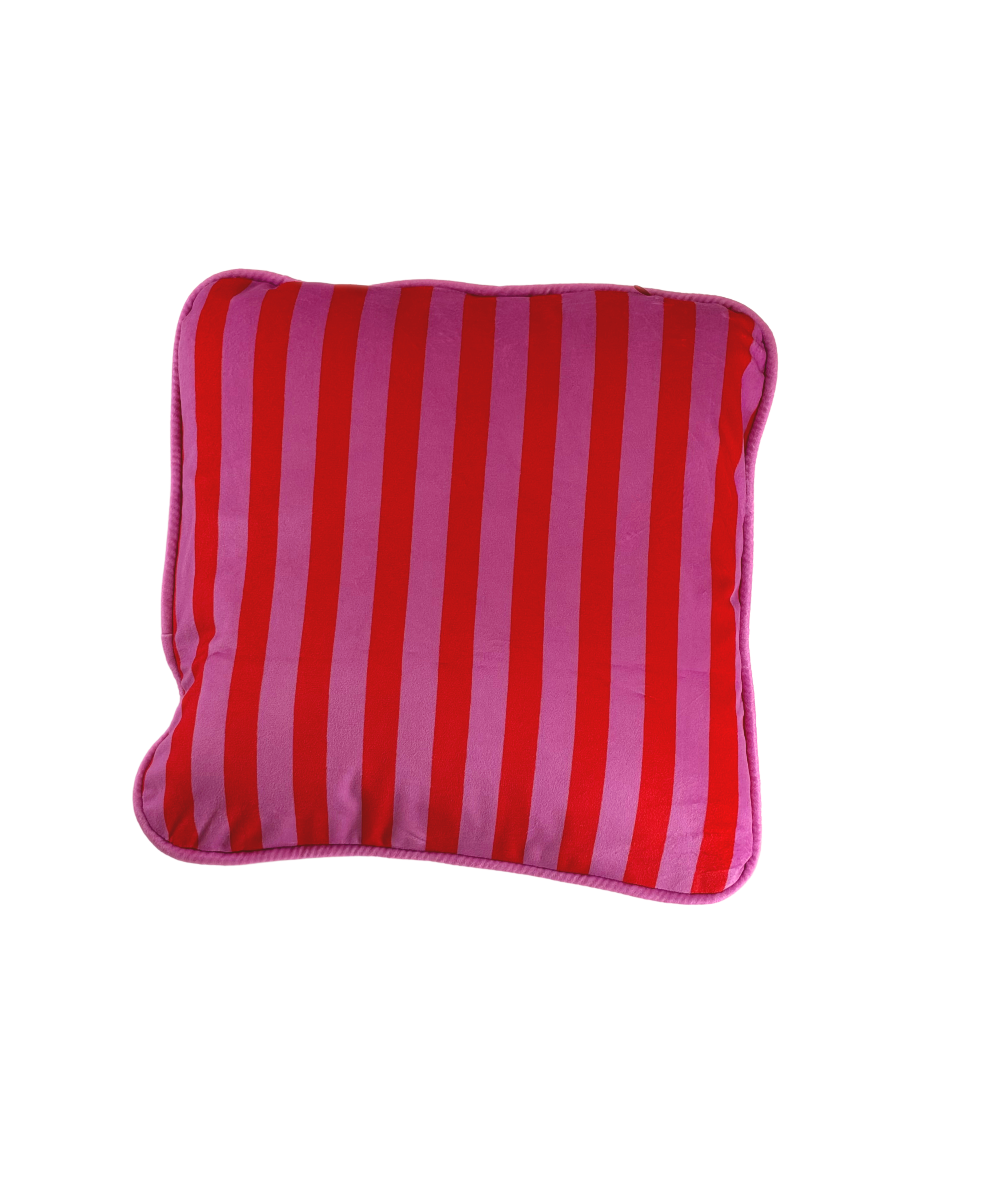 Back view of the Tittle Stripe Velar Decorative Pillow featuring vertical red and pink stripes with coordinating pink piping.